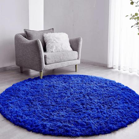 Imagem de Tapete Pelo Alto Felpudo Peludo Macio Anti Derrapante Alérgico Azul Redondo 60 cm Sala Quarto Escritório