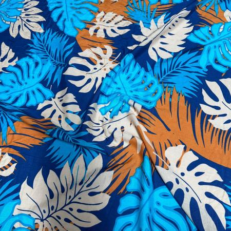 Imagem de Tecido Viscose Azul Estampa Folhagens Tropical 1,45m Para Vestidos Femininos BOHO
