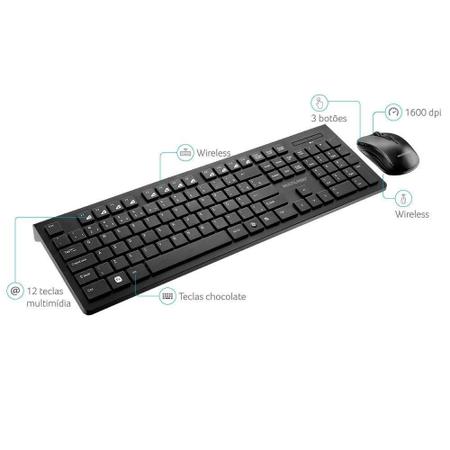 Imagem de Teclado e Mouse Multilaser TC212, Sem fio, USB e Preto