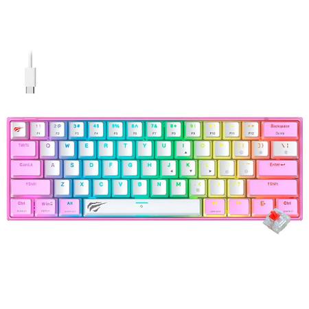 Imagem de Teclado Gamer Mecânico Havit Gamenote Mini KB877L USB / RGB / RED / Inglês - Branco / Roxo