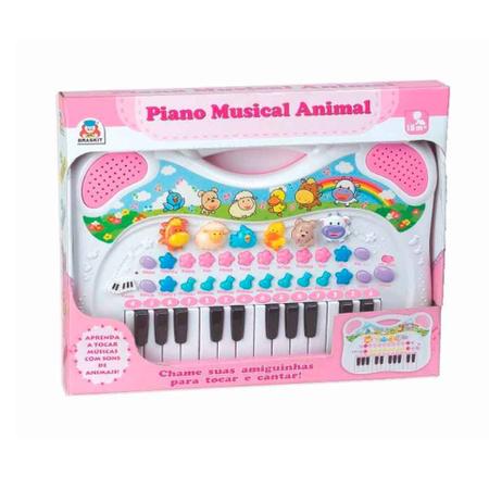 Piano teclado musical animal fazendinha azul rosa braskit