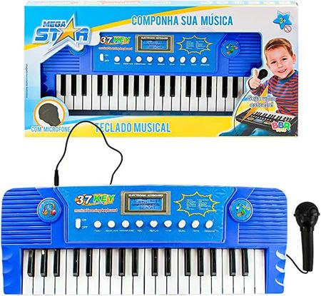 PIANO INFANTIL SINFONIA TECLADO ESTILO PROFISSIONAL TECLADO MICROFONE  KARAOKE MP3 MENINO AZUL