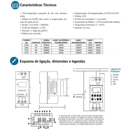 Temporizador Timer Digital Fixação Trilho Din Bivolt 40 Programações  Exatron - Temporizador de Tomada - Magazine Luiza