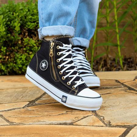 T nis Feminino Botinha Cano Alto Jeans Preto Com Z per Plataforma