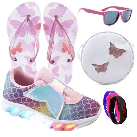 Tenis Feminino De Led Calce Facil Refletivo Infantil Sereia