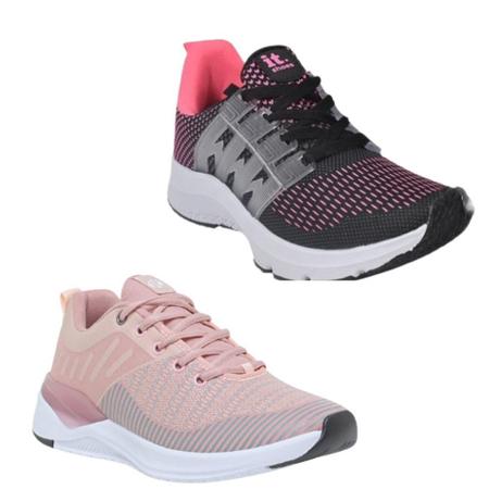 Imagem de Tênis Feminino Esportivo Caminhada Corrida Confortável Kit Rosa/Cinza 37