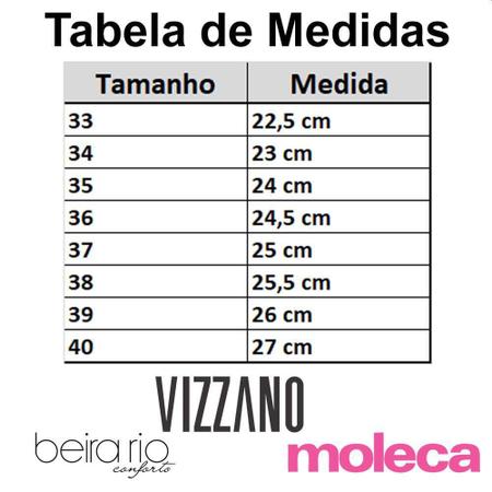 Tabela de sale tamanhos vizzano