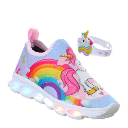 Tenis Infantil Cal ado Unicornio Luz Led Meninas Com Pulseira Rosa