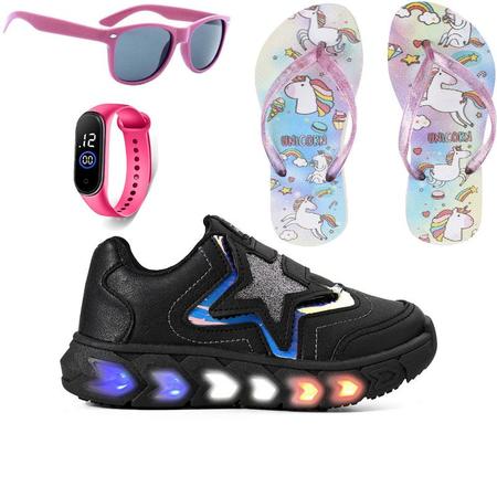 Imagem de Tenis Infantil De Led Meninas Estrela Holografico Casual LIGHT + Chinelo Oculos Relogio