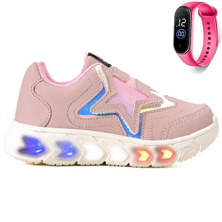 Imagem de Tenis Infantil De Led Meninas Estrela Holografico Casual LIGHT + Relogio