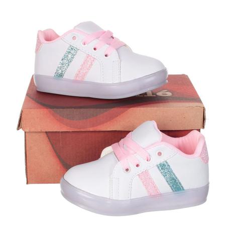 Tenis Led Luz Pisca Crian a Infantil Feminino Branco Rosa ou Pink