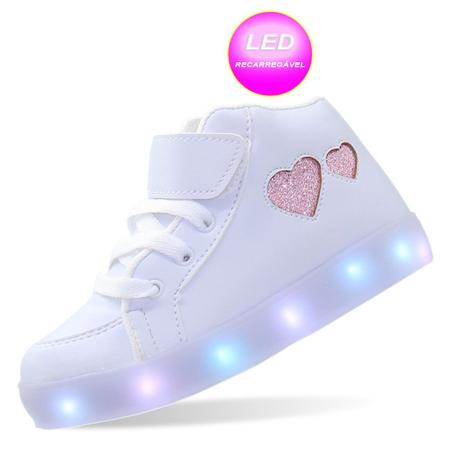 Tenis Led Recarregavel Kids Infantil Feminino Branco cora o