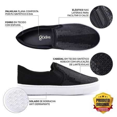 Tenis Slip On Lantejoula Preto Godiva Nobuck Preto - 006500 Imagem de Tenis Slip On Lantejoula Preto Godiva Nobuck Preto
