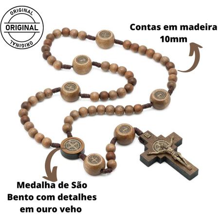 Imagem de Terço Medalha São Bento No Cordão Madeira Imbuia 10 Mm