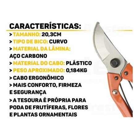 Imagem de Tesoura de Poda 8'' Polegadas Manual Com Trava E Mola Laminas para Podar Jardinagem Ferramenta de Marca Profissional