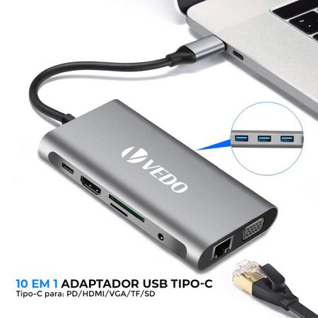 Imagem de Thunderbolt VEDO 10 em 1 4K HDMI 3 portas USB 3.0 LAN VGA, SD e TF USB C