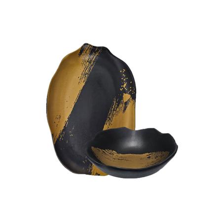 Imagem de Tigela Bowl Travessa Rasa Preto Dourado Ceramica Fosco Stone