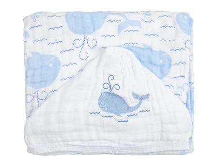 Imagem de Toalha de Banho Bebe Soft  Com Capuz Bordada Baleia Para Menino 85cmx85cm 100% Algodão