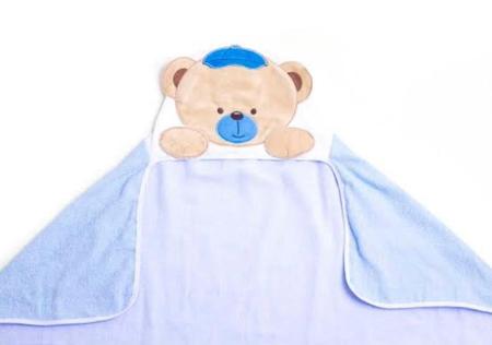 Imagem de Toalha de Banho Forrada de Fralda Bichinhos Capuz Ursinha Bebê Azul Papi