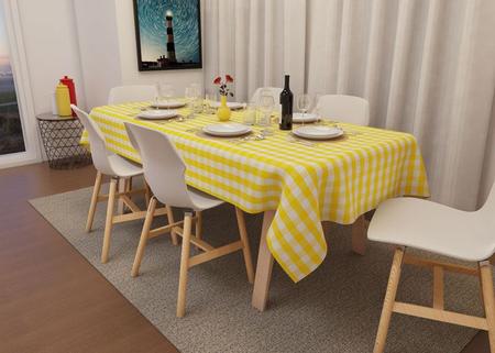 Toalha de Mesa Xadrez Amarelo e Branco - 100% Algodão