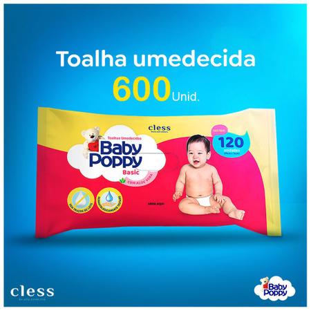 Imagem de Toalhas Umedecidas Baby Poppy Com Aloe Vera Combo 5 pacotes com 120 unidades total 600 lencinhos