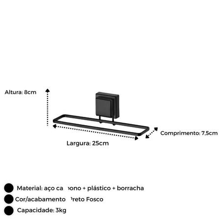 Imagem de Toalheiro para Lavabo Preto Fosco com Ventosa 25cm
