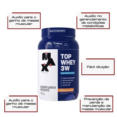 Top Whey 3W+Performance 900G Max Titanium Vitamina de Frutas Imagem de Top Whey 3W+Performance 900G Max Titanium Vitamina de Frutas