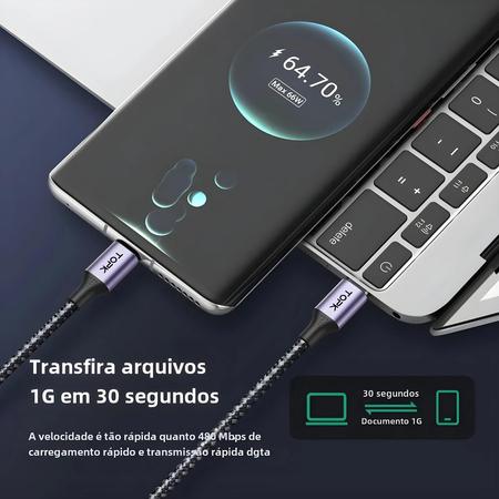 Imagem de Topk-usb tipo c cabo para macbook pro, carregamento rápido para samsung xiaomi, 60w pd