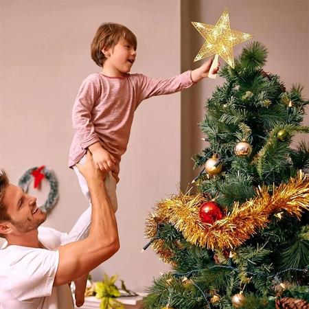 Imagem de Topo de Árvore de Natal Dourado com Glitter - Estrela de Ferro para Decoração de Natal e Ano Novo