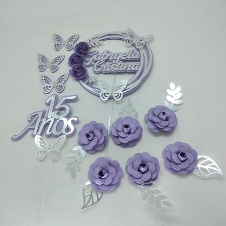 Topo de Bolo 15 anos Flores e Borboletas Lilás personalizado