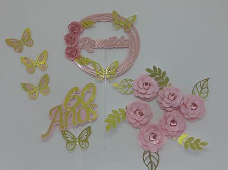 Imagem de Topo de Bolo Flores 60 Anos Rosa e Dourado personalizado