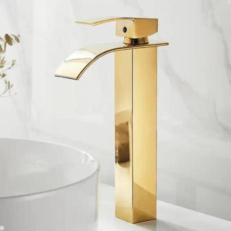 Imagem de Torneira Banheiro Lavabo Misturador Monocomando Cascata Bica Alta Dourada Gold