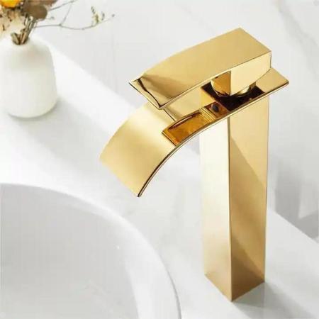 Imagem de Torneira Banheiro Lavabo Misturador Monocomando Cascata Bica Alta Dourada Gold