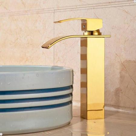 Imagem de Torneira Banheiro Lavabo Misturador Monocomando Cascata Bica Alta Dourada Gold