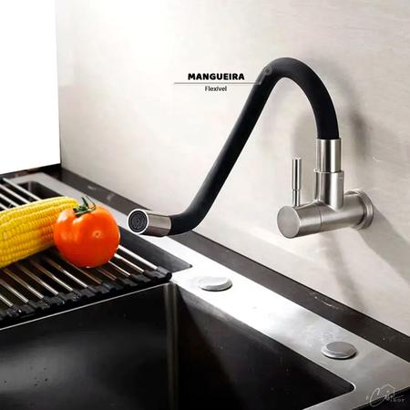 Imagem de Torneira de Parede Cozinha ou Área de Serviço Flexível Aço Inox Escovado