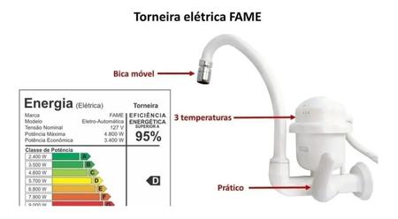 Imagem de Torneira Elétrica Fame De Parede Bica Móvel 220V 3 Temperaturas - 5400W