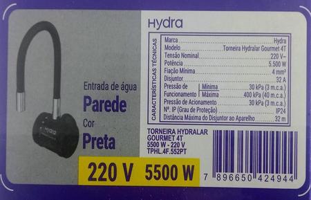 Imagem de Torneira Elétrica Parede Hydralar Gourmet 220v Hydra Preta