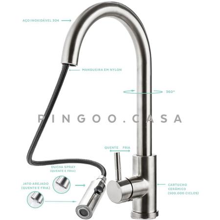 Imagem de Torneira Para Cozinha Gourmet Misturador Monocomando Em Aço Inox 304 Escovado Muru Pingoo.casa - Prata