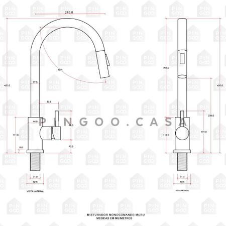 Imagem de Torneira Para Cozinha Gourmet Misturador Monocomando Em Aço Inox 304 Escovado Muru Pingoo.casa - Prata