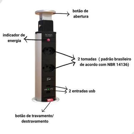 Imagem de Torre de Tomada Pia Cozinha 2 Tomadas + 2 USB Prata 16A Torre de Embutir Retrétil Escritorio