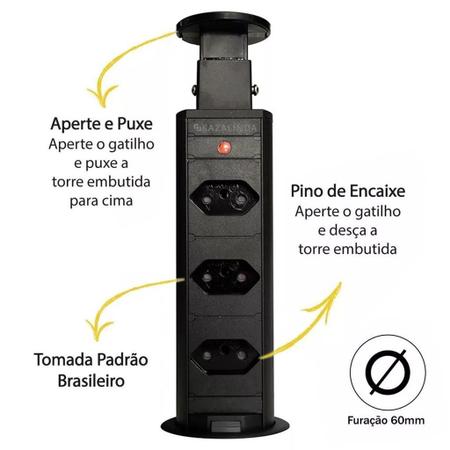 Imagem de Torre De Tomada Retrátil Multiplug Embutir Mesa Granito Preta