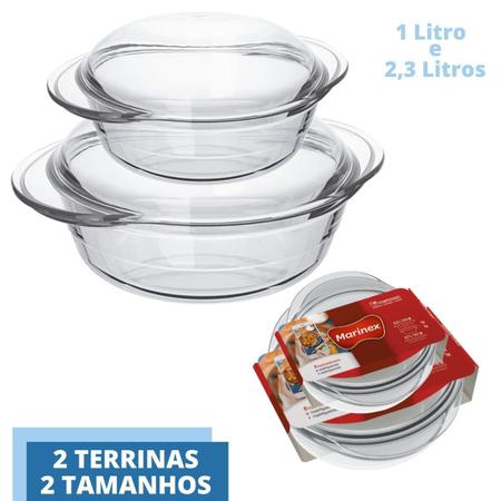 Imagem de Travessa Vidro Terrina 2 Tamanhos 1L 2,3L Base+Tampa Marinex