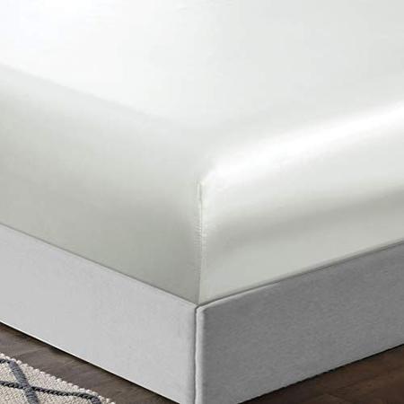 Imagem de TREELY 6 Peça Folhas de Cetim Queen Size Silky Smooth Ivory White Satin Sheet Set com bolso profundo, folha de cetim, folha plana, 4 fronha de cetim