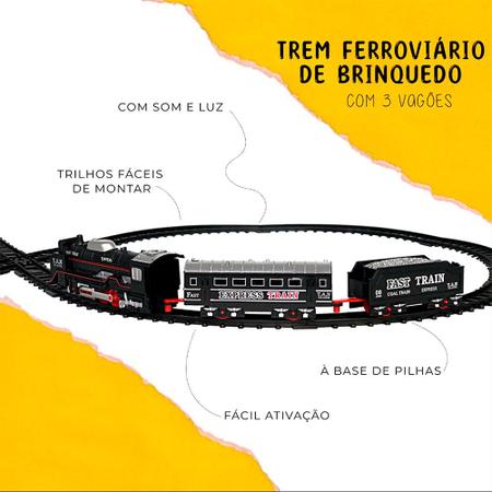 Trem Ferroviário de Brinquedo com 3 Vagões 15 Trilhos com Som e Luz a Pilha  Brinquedo Infantil Trenzinho Elétrico Menino