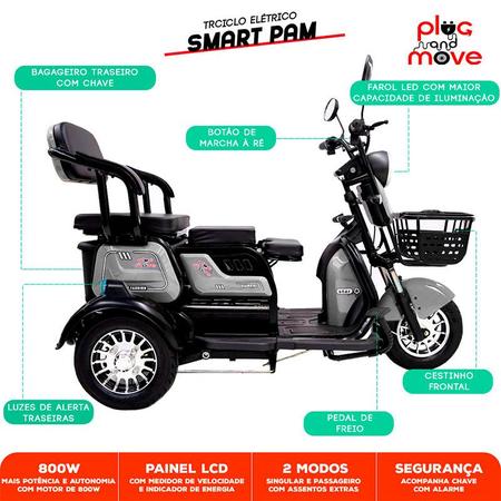 Imagem de Triciclo Elétrico - Smart PAM - 800w 48v 25Ah - Cinza - Plug and Move
