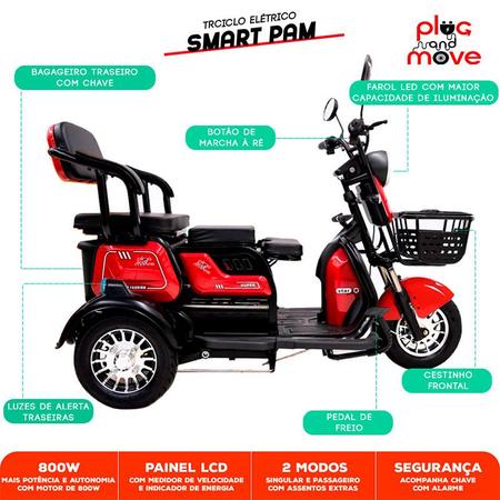 Imagem de Triciclo Elétrico - Smart PAM - 800w 48v 25Ah - Vermelho - Plug and Move