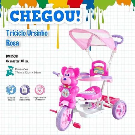 Imagem de Triciclo Infantil Bebê Passeio Som Luz Empurrador Rosa +12 M DM Toys