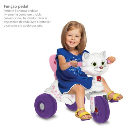 Triciclo Infantil Meninas Gatinha Som Luz 2 Em 1 Com Pedal