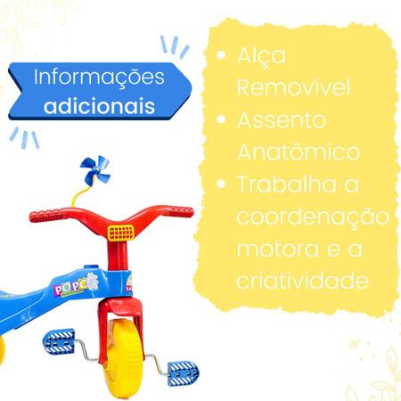 Triciclo Infantil Motoca Popó C/ Alça Tico Tico Vermelho Amarelo e