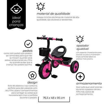 Triciclo Infantil Com Cestinha + Buzina - Rosa - 7628 - Zippy Toys